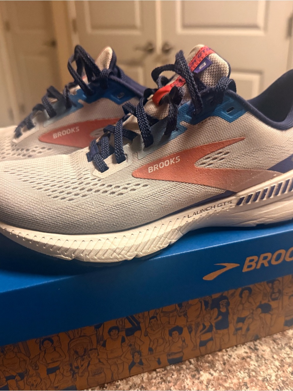 Brooks Men’s Launch GTS Running Shoes - White with Blue & Coral